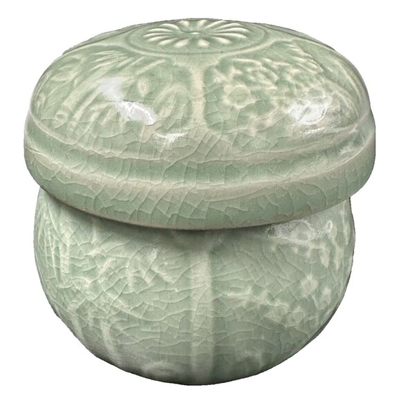 Celadon Porcelain Bamboo Floral Design Signed Caddy Pot Jar made in Korea 3 pc - Picture 7 of 12